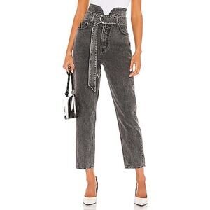 GRLFRND Dee Rumor Has It Washed Black Paperbag Belted High Rise Tapered Jeans 25